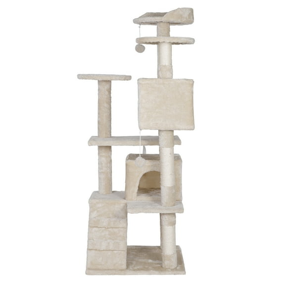 RONG-3  Cat Tree Condo Furniture Kitten Activity Play House Bed Pet Kitty Climbing Tower with Scratching Posts/Plush Perch/Scratcher Ladder/Tunnel for Cats,Kittens,Pets,55" Beige