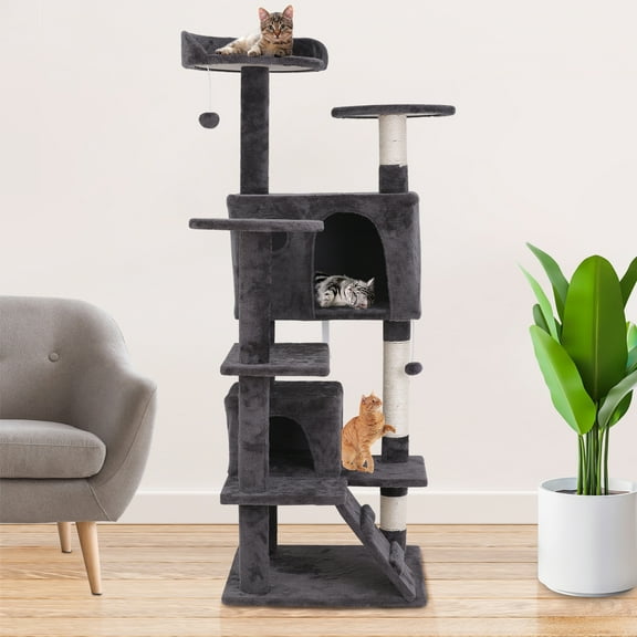 RONG-3 Cat Tree for Indoor Cats, Multi-Level Cat Furniture with Cat Scratching Post/Stand Platform/Cat Condo, Cat Tower with Funny Toy, Corner Cat Tree and Towers for Medium Cats,Deep Grey