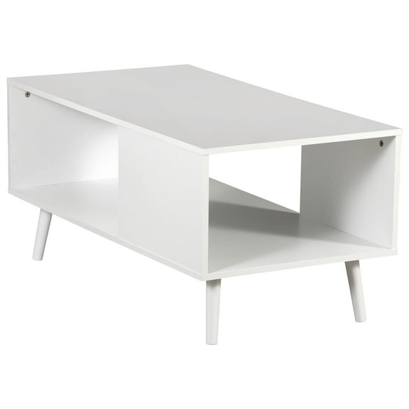 RONG-3 Coffee Table, Mid Century Modern Style Cocktail Table TV Stand , Open Storage Shelf, Stable Floor-Anti-Scratching Pine Leg for Home, Office, Living Room,White