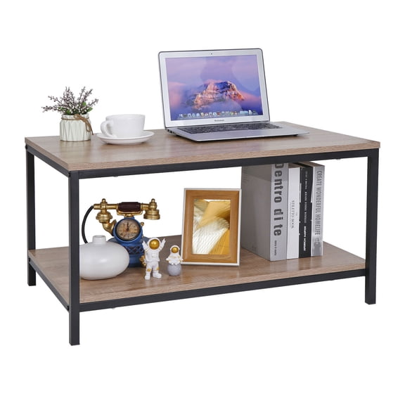 RONG-3 Coffee Table with Storage 2-Tier Industrial Center Table for Living Room, Rectangle Wood Table for Small Spaces Apartment Home Office，natural