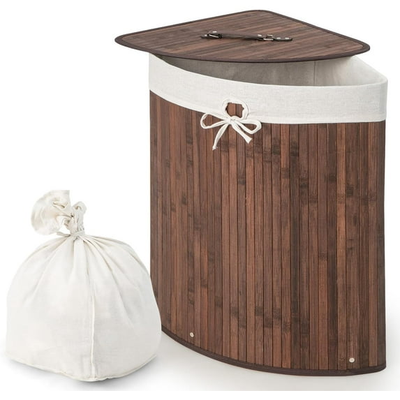 RONG-3 Corner Laundry Hamper with Lid, 58 L Bamboo Laundry Basket with Removable Liner & Handle, Triangle Clothes Hamper for Small Spaces, Bedroom, Bathroom, Laundry & Living Room ,Brown