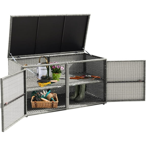 RONG-3 Deck Box Outdoor Wicker Storage Box Cabinet, 88 Gallon Patio Rattan Storage Container Bin Box for Furniture Tools in Garden Balcony Porch Yard,Grey