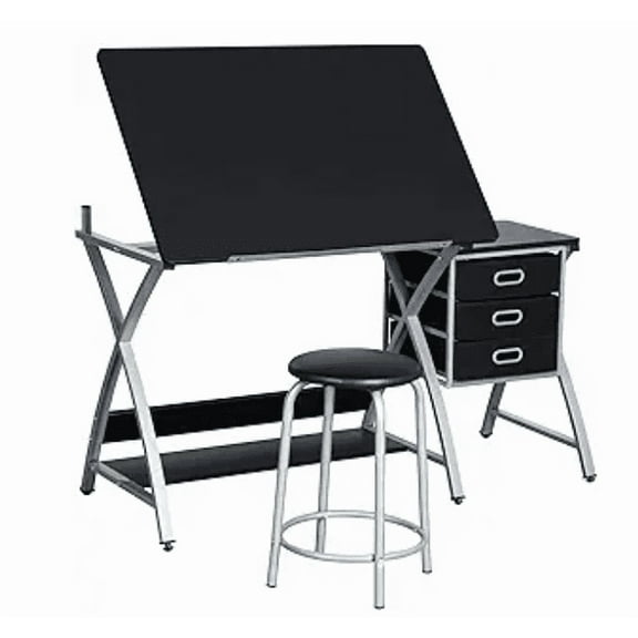 RONG-3 Drafting Tables, Draft Drawing Desk w/Stool and Tiltable Tabletop, 3 Storage Drawers, Reading, Writing Art Crafting Workstation