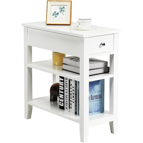 RONG-3 End Table with Drawer and Open Storage Shelf, Narrow Side Table, Slim Bedside Table, 3-Tier Nightstand for Living Room, Bedroom, Office (White,1)