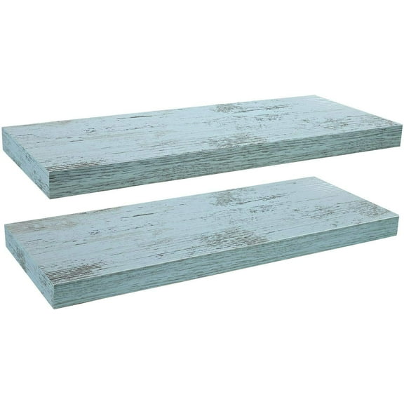 RONG-3 Floating Shelves for Wall, 2 Pack Shelves for Bedroom, Bathroom, Kitchen, Hanging Wall Mounted Rustic Wood Shelf with Invisible Brackets for Books Decor,Rustic Blue