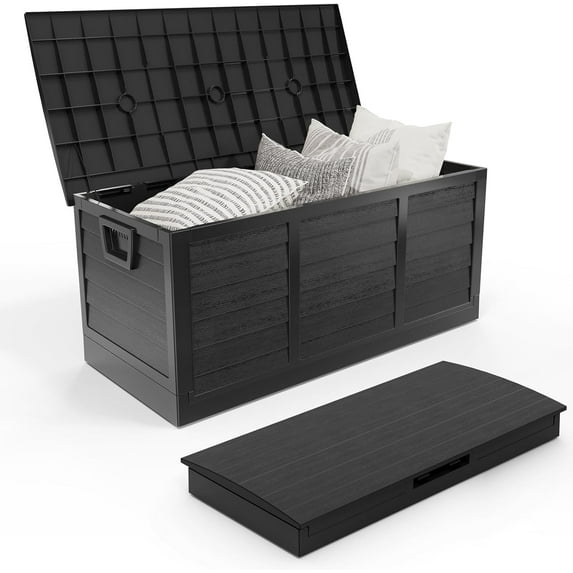 RONG-3 Foldable 75 Gallon Outdoor Storage Box, Plastic Storage Containers with Lid, Patio Deck Box Furniture for Garden, Pool, Balcony, Yard (Black)