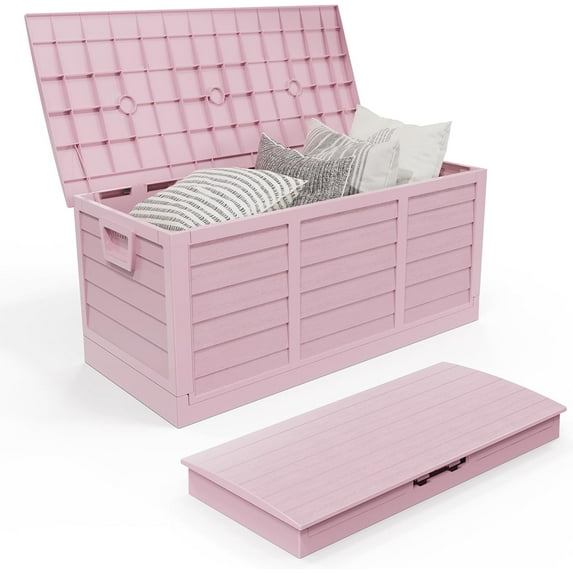 RONG-3 Foldable 75 Gallon Outdoor Storage Box, Plastic Storage Containers with Lid, Patio Deck Box Furniture for Garden, Pool, Balcony, Yard (Pink)