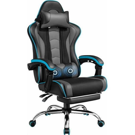 RONG-3 Gaming Chair, Video Game Chair with Massage Lumbar Support and Footrest Height Adjustable Ergonomic Computer Gaming Chair with Swivel Seat and Headrest,Black/Gray