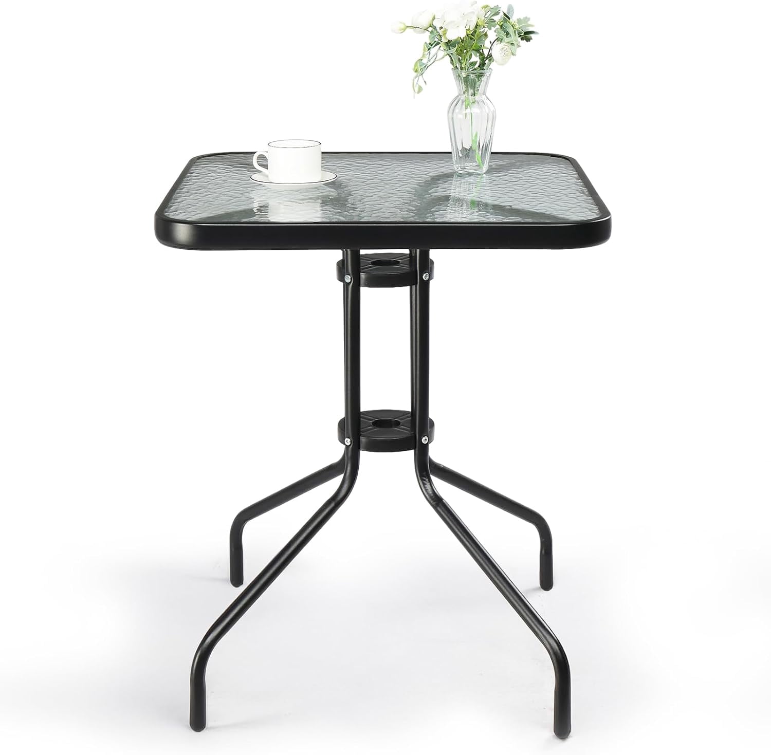 RONG-3 Glass Patio Table with Umbrella Hole, Outdoor Dining Table Steel ...