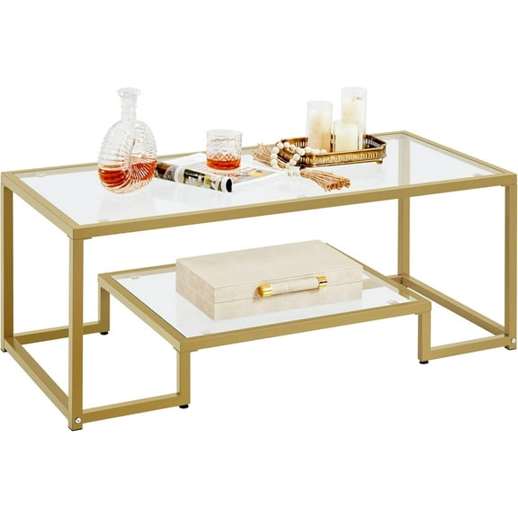 RONG-3 Gold Coffee Table, 42" Rectangular Glass Coffee Table for Living Room, 2-Tier Center Tea Tables with Metal Frame for Small Space, Apartment, Office