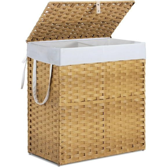 RONG-3  Hand-Woven Pp Rattan Laundry Hamper with Compartments & Handles, Foldable, Large Capacity Clothes Basket with Removable Liner for Bathroom,Orange,90L