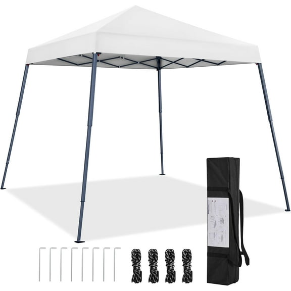 RONG-3 Instant Canopy Tent, 10x10 Slant Leg Easy Outdoor Pop up Canopy, Folding Portable Gazebo Instant Shelter Tent with Backpack for Garden/Camping/Party, 10x10 Base 8x8 Top，White