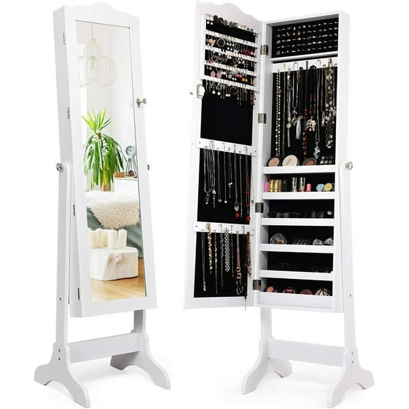 RONG-3 Jewelry Armoire with Full Length Mirror, Lockable Standing Jewelry Cabinet, Mirror with Jewelry Storage, Ring Earring Necklace Makeup Display, Jewelry Organizer Box for Women ,White