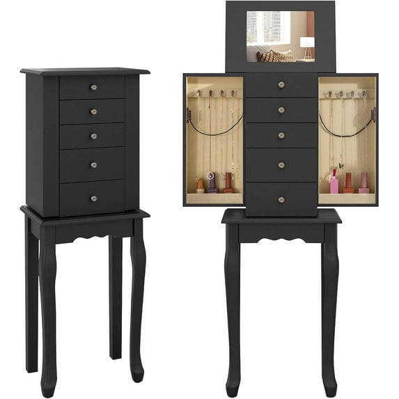 RONG-3 Jewelry Cabinet Armoire Chest with 4 Drawers, Flip Top Mirror, Top Storage Compartments, 2 Side Doors with 8 Necklace Hooks, 2 Shelves, Standing Jewelry Organizer Box for Girls Gift,Black