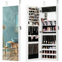 RONG-3 Jewelry Cabinet Wall or Door Mounted, Hanging Lockable Jewelry Armoire Storage with Full Length Mirror, Interior Makeup Mirror, Over the Door Jewelry Organizer Box with Mirror，White