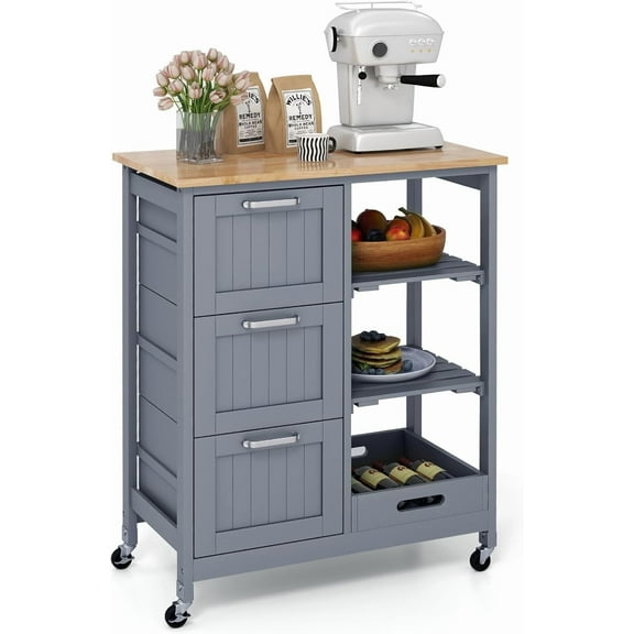 RONG-3 Kitchen Island Cart on Wheels w/Storage, Utility Cart w/Rubber Wood Top, 2 Removable Shelves & Removable Tray, 3 Drawers, Lockable Casters, Rolling Kitchen Table for Dining Room (Grey)