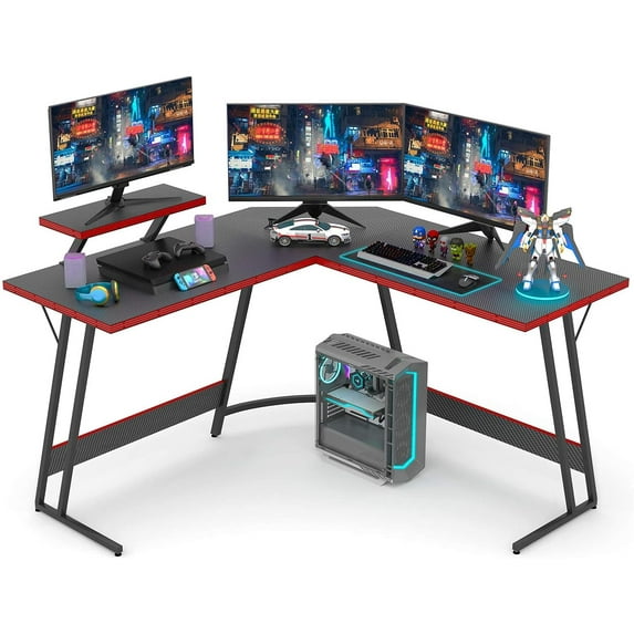 RONG-3 L Shaped Gaming Desk Computer Desk Office Corner Desk with Monitor Stand Home Gaming Writing Study Table Workstation,Carbon Fibre Black