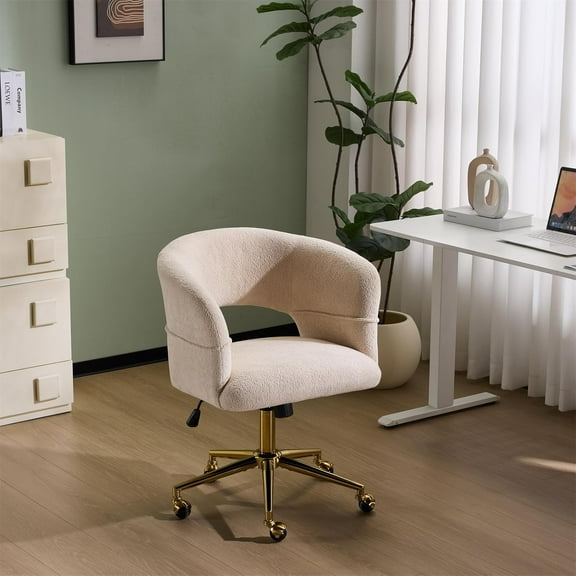 RONG-3 Modern Curved Office & Vanity Desk Chair, Cute Upholstered Nail Chair with Wheels & 360° Swivel & Club & Tilting & Gold Base, for Bedroom, Living Room, Makeup, Velvet Chenille,Beige