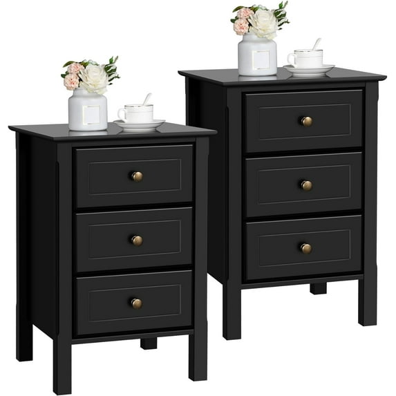 RONG-3 Nightstand Set of 2,Wooden 3-Drawer Bedside Table with Solid Wood Legs, Bedside Cabinet Cupboard Storage Organizer for Bedroom Home Office Small Space, Easy Assembly, Black