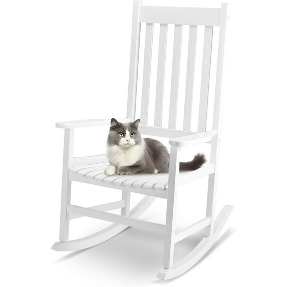 RONG-3 Outdoor Rocking Chair, Solid Wood High Back Rocker, All Weather Lounge Chair for Porch Patio Fire Pit Garden Backyard Deck Indoor, White