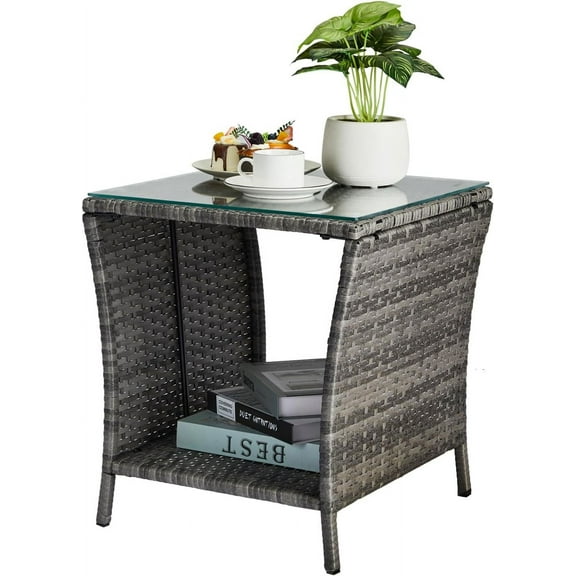 RONG-3 Outdoor Wicker Side Table Patio Side Tables for Outside, Tempered Glass Top Wicker Table with Storage End Table for Balcony Porch Deck，Grey