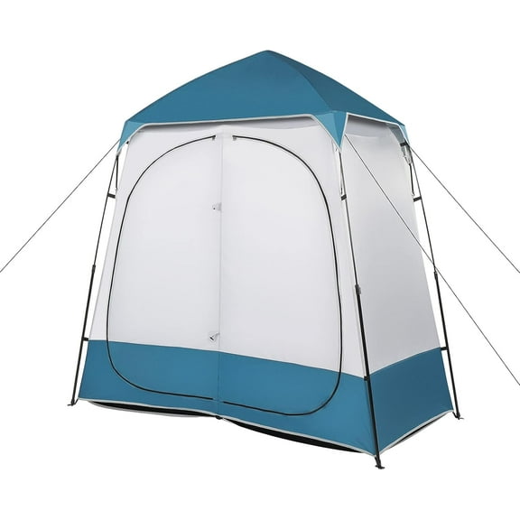 RONG-3 Oversize 2 Rooms Shower Tent, 7.5 FT Outdoor Pop up Changing Room, Instant Extra Wide Privacy Shelter for Camping Dressing Toilet Bathroom with Carry Bag, Blue & White