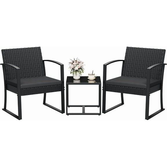 RONG-3 Patio Furniture Set 3 Piece Resin Outdoor Bistro Set Rocking Patio Chairs with Cushions and Table for Porch, Poolside, Balcony and Yard，Black，Normal Bistro Sets