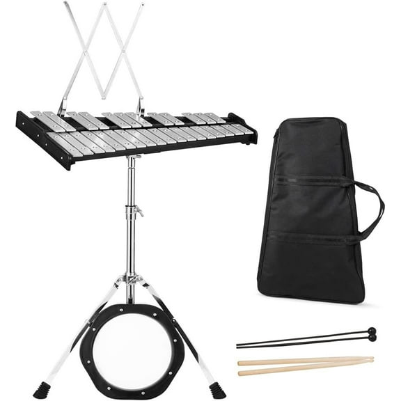 RONG-3 Percussion Glockenspiel Bell Kit 30 Notes, Xylophone with Adjustable Height Frame, Music Stand, 8" Practice Pad, Bell Mallets, Drumsticks, Carrying Bag, for School Band Beginner Student
