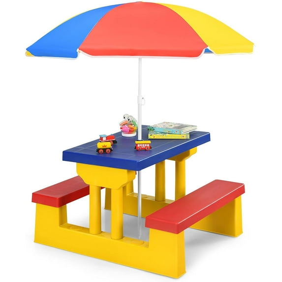 RONG-3 Picnic Table, Outdoor Kids Table and Bench Set w/Removable Umbrella, Plastic Children Patio Furniture, Toddler Picnic Tables for Backyard, Garden, Nursery, Gift for Boys Girls (Multicolor)