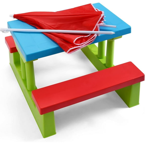RONG-3 Picnic Table, Outdoor Kids Table and Bench Set w/Removable Umbrella, Plastic Children Patio Furniture, Toddler Picnic Tables for Backyard, Garden, Nursery, Gift for Boys Girls (Red)