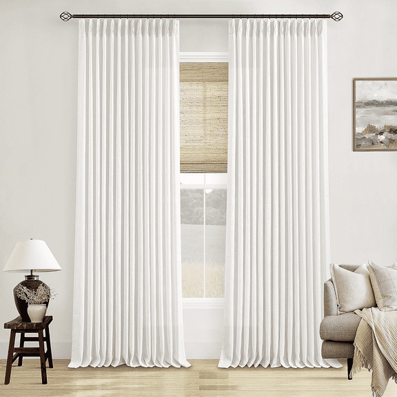 RONG-3 Pinch Pleated Linen Curtains 102 Inches Long for Living Room 2 Panels Set Cream Ivory Flax Double Pleated Drapes Back Tab Neutral Boho Ceiling Floor Window Curtains Bedroom Natural Birch