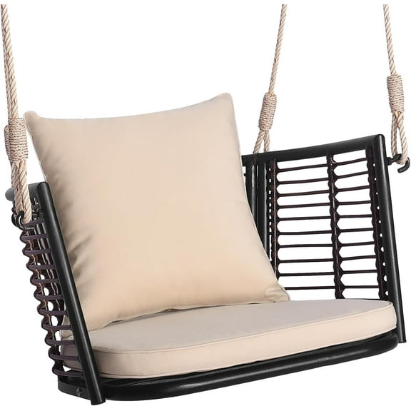 RONG-3 Porch Swing Patio Hanging Rattan Basket Chair, Swing Hammock Chair with Seat Cushion & Back Cushion, PE Rattan, Sturdy Metal Frame, Wicker Hanging Rope Swing Chair