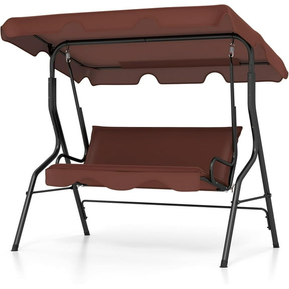 RONG-3 Porch Swing, Patio Swing with Removable Cushion & Powder-Coated Steel Frame, Outdoor Swing with Canopy for Porch, Backyard, Garden, Balcony，Coffee