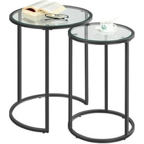 RONG-3 Round Nesting End Table Set of 2,Stacking Side Tables,Coffee Tables Set w/Metal Frame & Glass Top & Protective Foot Pads for Small Space, Living Room, Office- Black