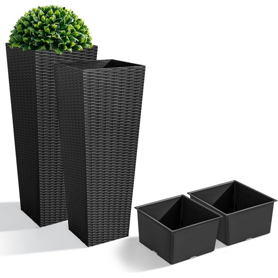 RONG-3 Set of 2 Resin Rattan Tall Planters Outdoor, Large Tapered Planters with Drainage Holes&Inner Trays, Flower Pots for Garden, Patio, Porch, Backyard,Black