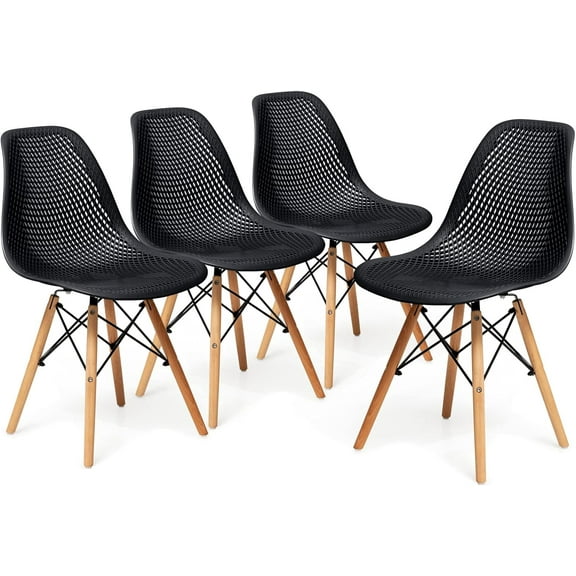 RONG-3 Set of 4 Dining Chairs, Molded Shell Plastic Side Chairs with Mesh Design, Solid Wood Legs, Mid-Century Modern Armless Side Chairs for Kitchen, Dining Room, Living Room (Black)