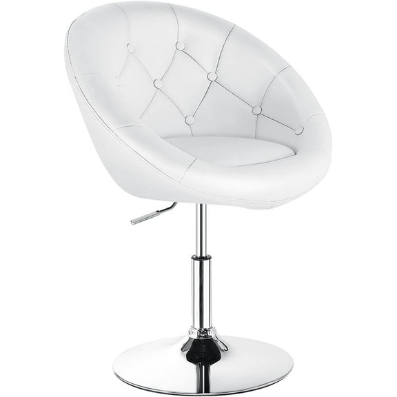 RONG-3 Swivel Vanity Chair, Height Adjustable Swivel Accent Chair w/Chrome Frame, Modern Round Tufted Makeup Chair for Living Room, Bedroom, Lounge (1, White)