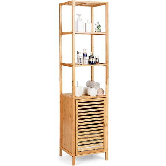 RONG-3 Tall Bamboo Cabinet, Narrow Bathroom Floor Storage Cabinet with 3 Tier Shelves & Shutter Door, Slim Linen Tower Cabinet for Living Room or Kitchen, 15.5 x 14.5 x 65 inches