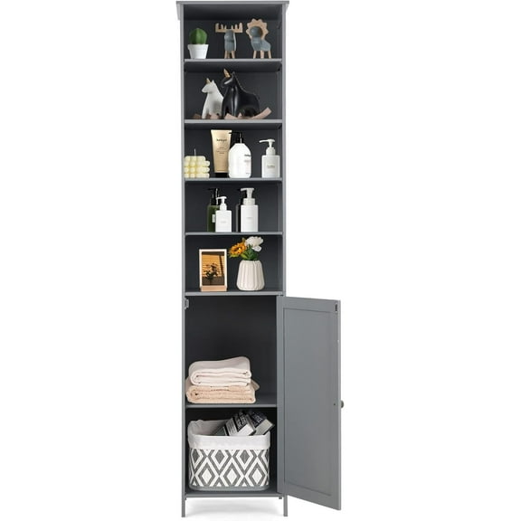 RONG-3 Tall Bathroom Storage Cabinet, 72” Slim Bathroom Cabinet Organizer with 5 Open & 2 Adjustable Shelves, Anti-Tilt Design, Freestanding Storage Cabinet for Bathroom Living Room (Grey)