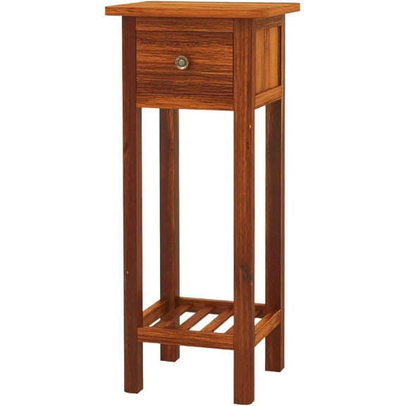 RONG-3 Tall End Table, Narrow Side Table with Drawer and Shelf, Acacia Wood Nightstand for Living Room, 2-Tier Bedside Table for Small Space, No Assembly,Rustic Brown