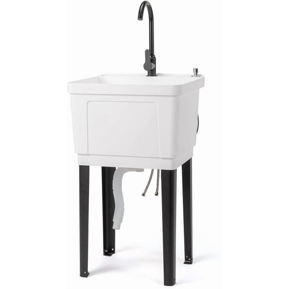 RONG-3 Utility Sink with Hot&Cold Faucet, Freestanding Laundry Tub with Legs for Bathroom, Pet Bathing&Garage, with Sprayer