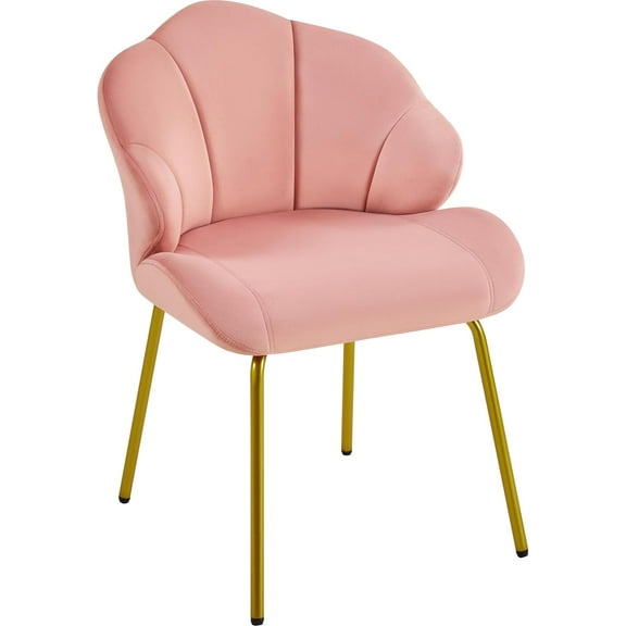 RONG-3 Vanity Chair, Velvet Accent Chair with Shell-Shaped Backrest, Modern Armchair with Gold Metal Legs for Dressing Room/Bedroom/Living Room, Pink
