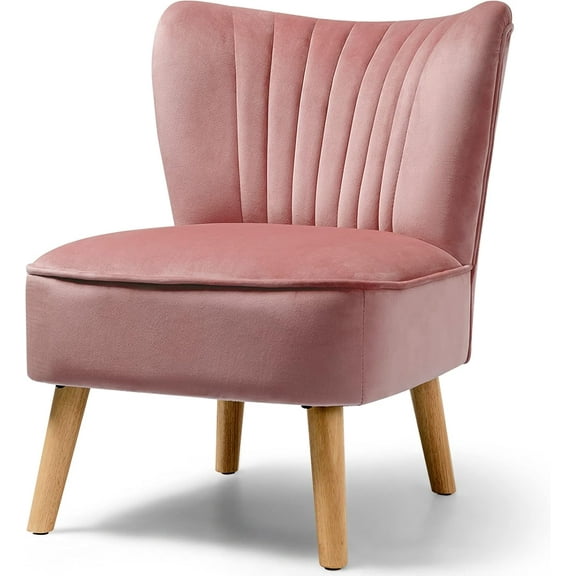 RONG-3 Velvet Accent Chair, Modern Armless Accent Chair w/Solid Rubber Wood Legs, Upholstered Side Chair Club Sofa Chair Slipper Chair for Living Room Bedroom (Pink)