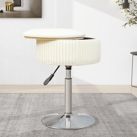 RONG-3 Velvet Vanity Stool for Makeup Room, Round Storage Ottoman Height Adjustable Vanity Chair, 360 Swivel Footrest for Living Room Bedroom, Beige