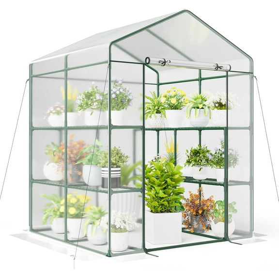 RONG-3 Walk-in Greenhouse, Winter Hot House w/4 Tiers, 8 Shelves, Roll-up Zippered Door, Waterproof PVC Film, Portable Greenhouses for Outdoors for Potted Plants, Fruits, Vegetables, Flowers