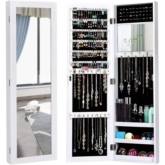 RONG-3 Wall Mounted Jewelry Cabinet with Full Length Mirror, Over The Door Jewelry Armoire Organizer with Large Storage, Makeup Mirror & Velvet Lining，White