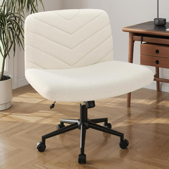 RONG-3 Wide Criss Cross Chair with Wheels, Comfy Armless Cross Legged Office Desk Chairs, Swivel Vanity Chair Computer Chairs for Home Office, Ivory
