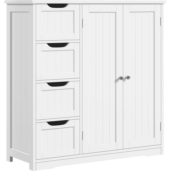 RONG-3 Wooden Bathroom Floor Cabinet, Side Storage Organizer Cabinet with 4 Drawers & Double Doors, Freestanding Entryway Storage Unit Console Table, Bathroom Furniture Home Decor,White