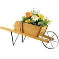 thumbnail image 1 of RONG-3 Wooden Wagon Planter, Small Flower Plant Pot w/Triangular Metal Support, 2 Energy-Saving Handles, Movable Wheel, Wood Wheelbarrow Cart Planter for Garden Backyard Holiday,Walnut, 1 of 7