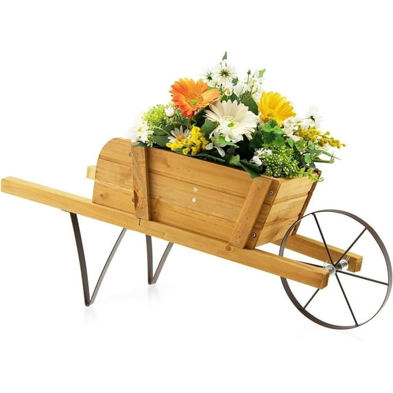 RONG-3 Wooden Wagon Planter, Small Flower Plant Pot w/Triangular Metal Support, 2 Energy-Saving Handles, Movable Wheel, Wood Wheelbarrow Cart Planter for Garden Backyard Holiday,Walnut